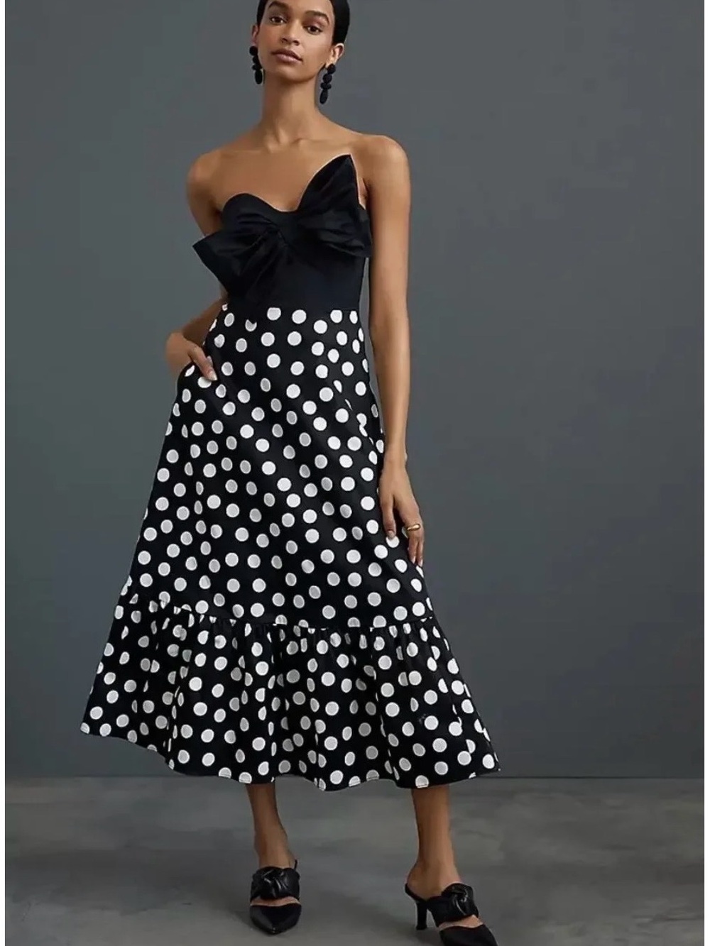 Anthropologie Hutch Black and White Polka Dot Strapless Midi Dress with Bow,10